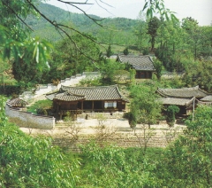 경주 월성 양동마을의 기와집. 이언적의 씨족인 여강이씨와 월성손씨가 모여 사는 동족 집단 마을이다. 중요 민속자료들이 많다.2