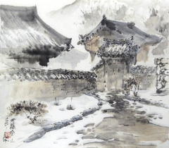 구남진 대구대 교수(한국화)가 성우 스님 방 툇마루에서 그려낸 파계사 전경. 마당에 쌓인 흰눈이 차의 깨끗한 품성을 연상시킨다.