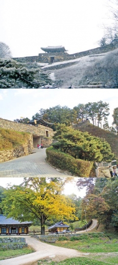 눈덮인 공산성 전경. 웅진성이라 불린 공산성은 당시에는 흙성(토성)이었으나 조선 중기에 새로 쌓은 것이다. 공산성 서문인 금서루. 공산성 내 영은사는 조선 세조때 건립됐다(위에서 아래로).