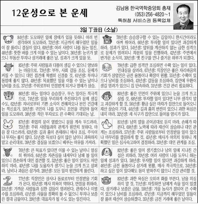 [12운성으로 본 오늘의 운세] 3일 丁丑日 (소날)(오늘의 띠별 운세)(생년월일 운세)