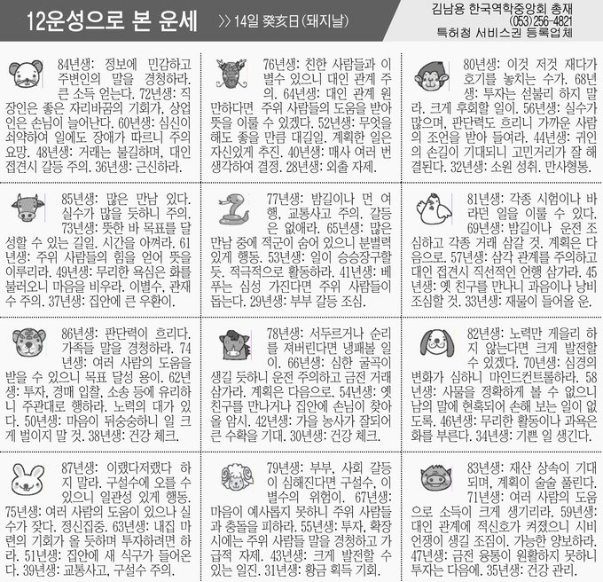 [12운성으로 본 오늘의 운세] 14일 癸亥日(돼지날) (오늘의 띠별 운세) (생년월일운세)