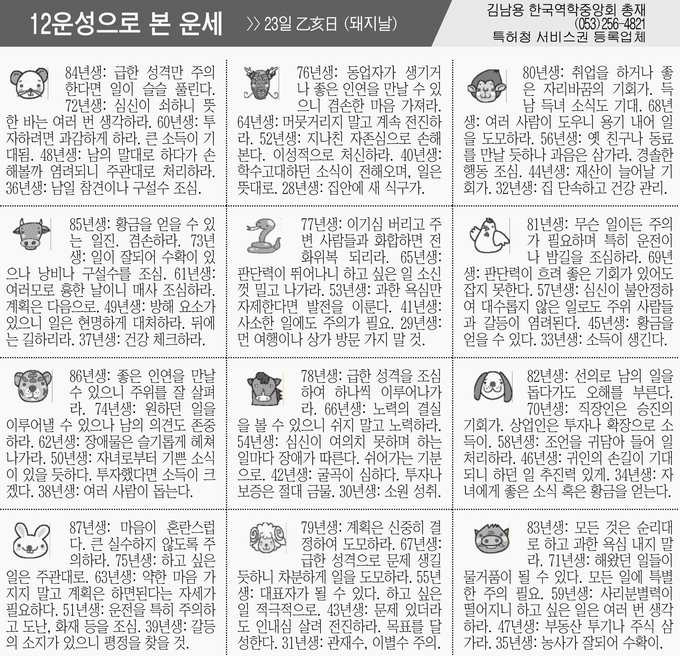 [12운성으로 본 오늘의 운세] 23일 乙亥日 (돼지날) (오늘의 띠별 운세) (생년월일운세)
