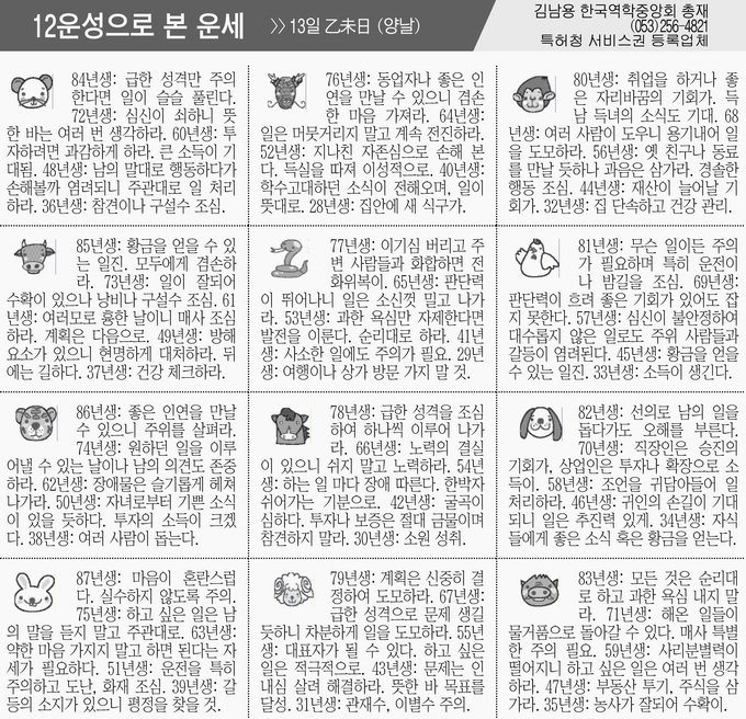 [12운성으로 본 오늘의 운세]13일 乙未日 (양날) (오늘의 띠별 운세) (생년월일운세)
