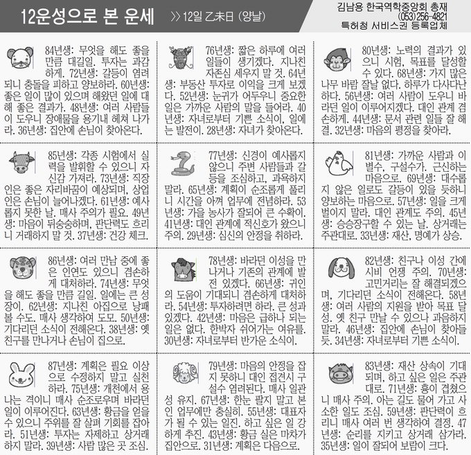 [12운성으로 본 오늘의 운세] 12일 乙未日 (양날) (오늘의 띠별 운세) (생년월일운세)