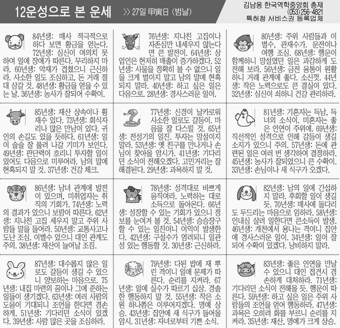 [12운성으로 본 오늘의 운세] 27일 甲寅日 (범날) (오늘의 띠별 운세) (생년월일운세)