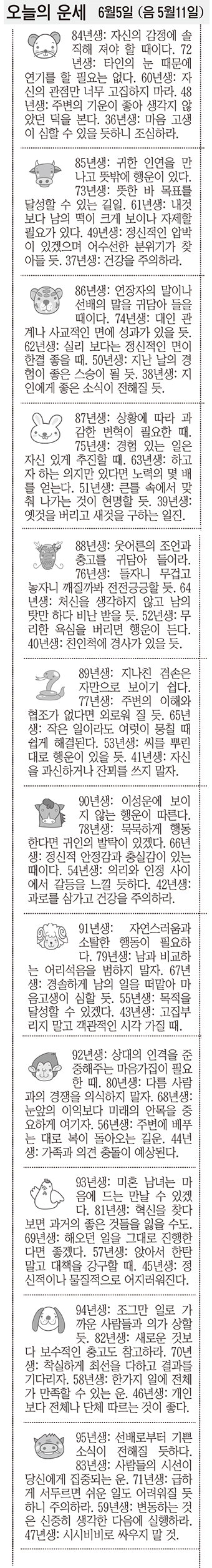 [오늘의 운세]  6월5일 (음 5월11일) (오늘의 띠별 운세) (생년월일운세)