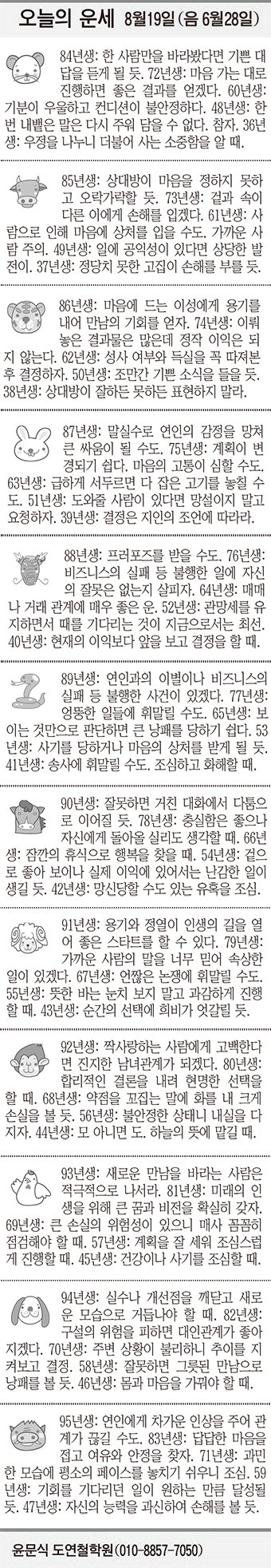 [오늘의 운세] 8월19일 (음 6월28일) (오늘의 띠별 운세) (생년월일 운세)