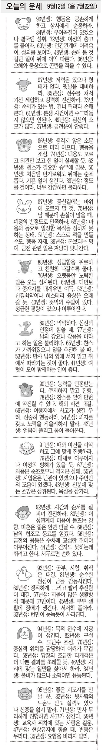 [오늘의 운세]  9월12일 (음 7월22일) (오늘의 띠별 운세) (생년월일운세)