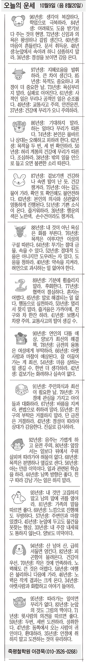 [오늘의 운세] 10월9일 (음 8월20일) (오늘의 띠별 운세) (생년월일운세)