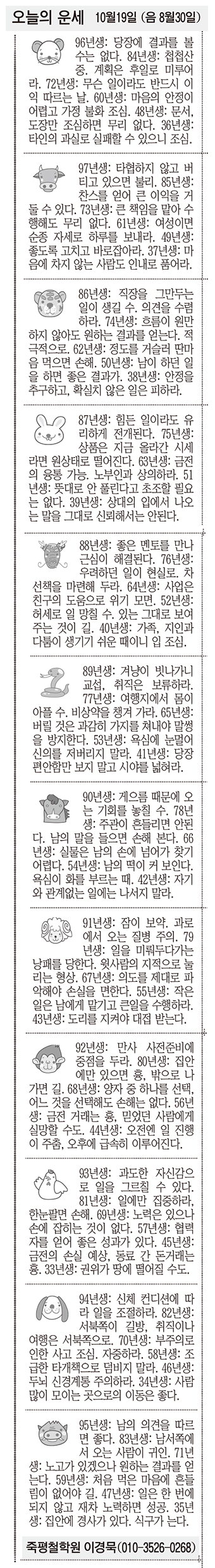 [오늘의 운세] 10월19일 (음 8월30일) (오늘의 띠별 운세) (생년월일운세)