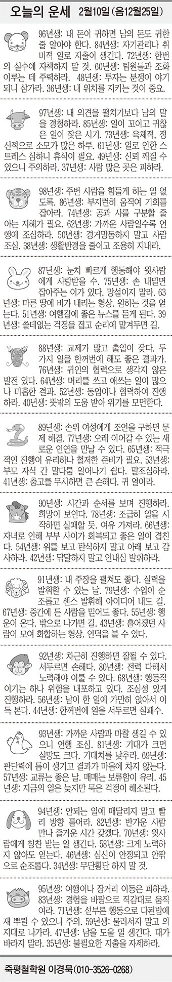 [오늘의 운세] 2월10일 (음12월25일) (오늘의 띠별 운세) (생년월일 운세)