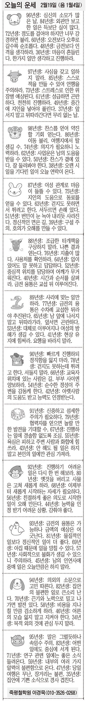 [오늘의 운세] 2월19일 (음 1월4일) (오늘의 띠별 운세) (생년월일운세)