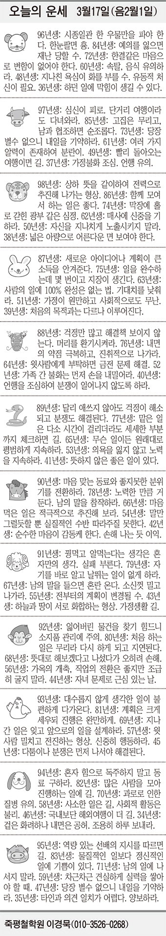[오늘의 운세] 3월17일 (음2월1일) (오늘의 띠별 운세) (생년월일 운세)