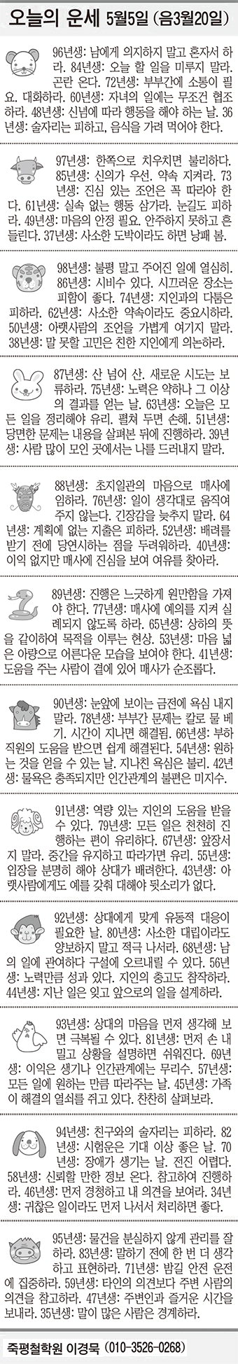 [오늘의 운세] 5월5일 (음 3월20일) (오늘의 띠별 운세) (생년월일 운세)