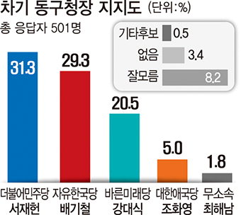 대구 동구청장, 徐 31.3  裵 29.3  姜 20.5%
