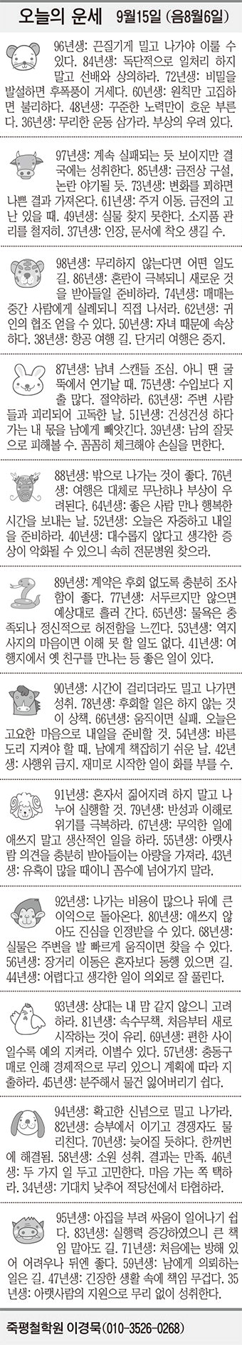 [오늘의 운세] 9월15일 (음 8월6일) (오늘의 띠별 운세) (생년월일 운세)