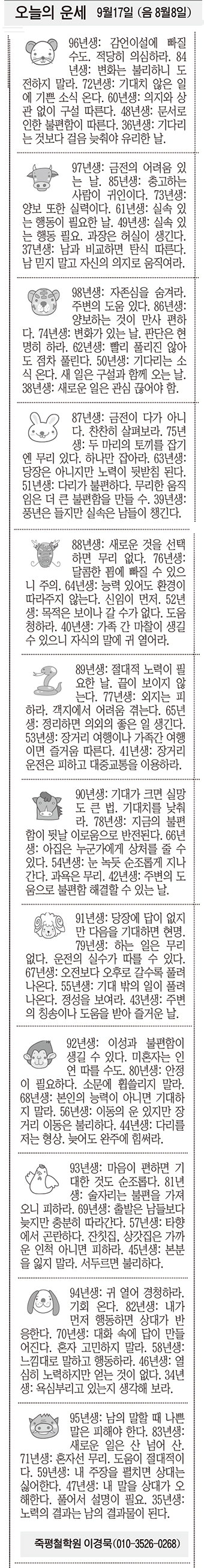 [오늘의 운세] 9월17일 (음 8월8일) (오늘의 띠별 운세) (생년월일운세)