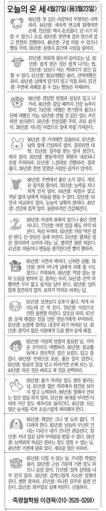 [오늘의 운세]  4월27일(음3월23일) (오늘의 띠별 운세) (생년월일운세)