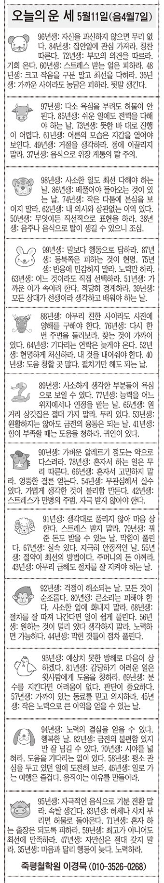 [오늘의 운세] 5월11일 (음4월7일) (오늘의 띠별 운세) (생년월일운세)