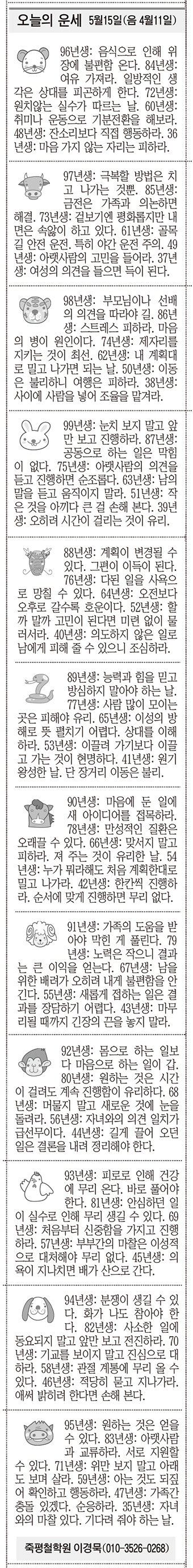 [오늘의 운세] 5월15일(음 4월11일) (오늘의 띠별 운세) (생년월일운세)