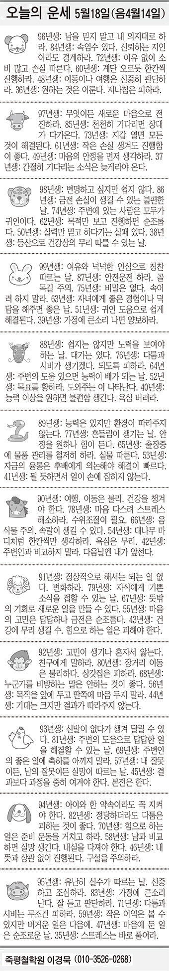 [오늘의 운세] 5월18일(음 4월14일) (오늘의 띠별 운세) (생년월일 운세)