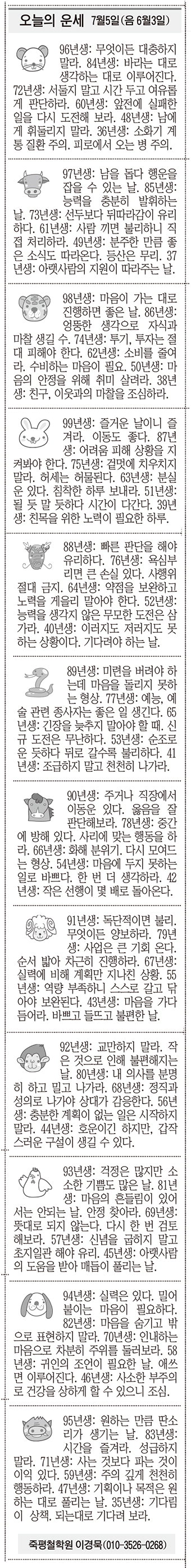 [오늘의 운세] 7월5일(음 6월3일) (오늘의 띠별 운세) (생년월일운세)