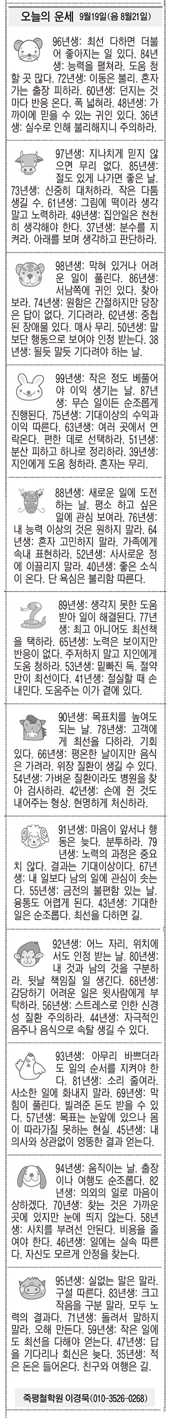 [오늘의 운세] 9월19일(음 8월21일) (오늘의 띠별 운세) (생년월일운세)