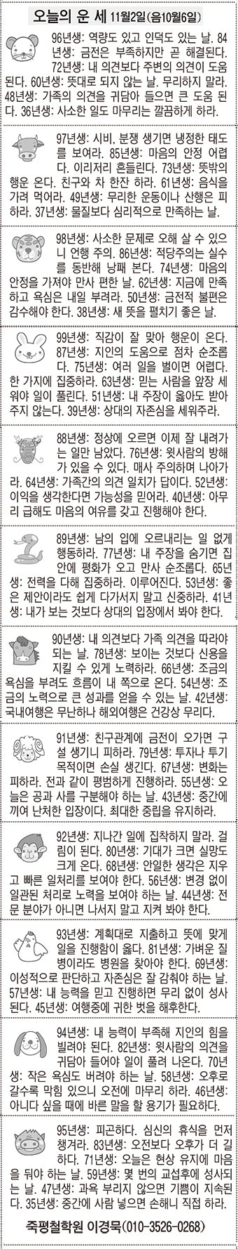 [오늘의 운세] 11월2일(음10월6일) (오늘의 띠별 운세) (생년월일운세)