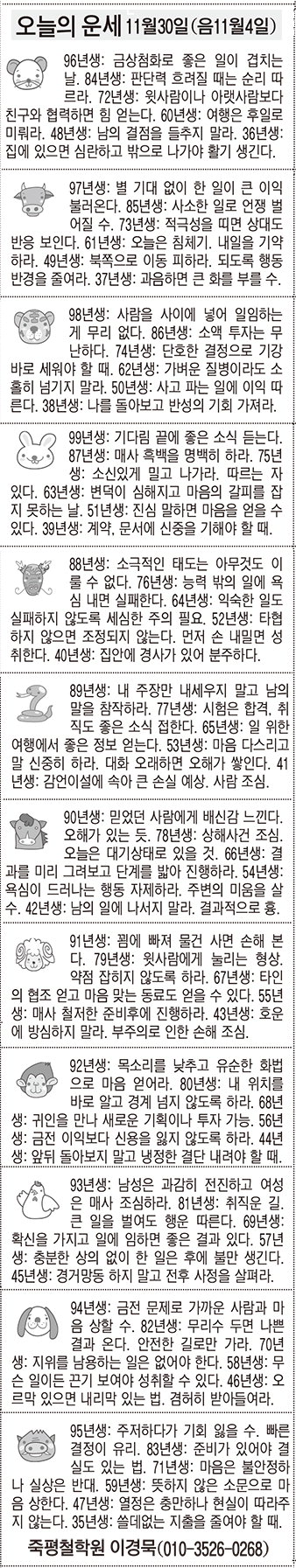 [오늘의 운세] 11월30일(음11월4일)(오늘의 띠별 운세) (생년월일운세)