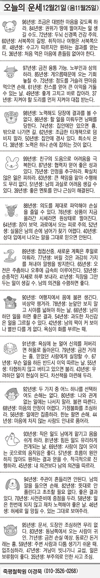 [오늘의 운세] 12월21일(음 11월25일) (오늘의 띠별 운세) (생년월일 운세)