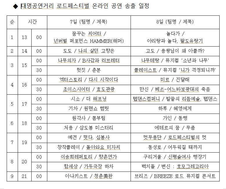 [주말휴] 대명공연거리 로드페스티벌 6~8일 온라인으로 채운다