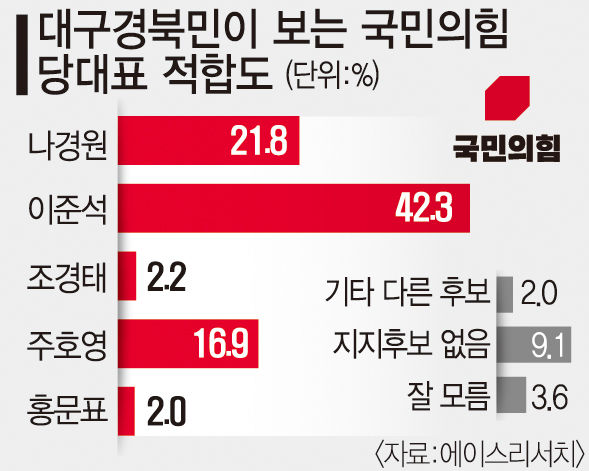 대구경북에서도 이준석 돌풍...국민의힘 당대표 지지율 42.3% 1위