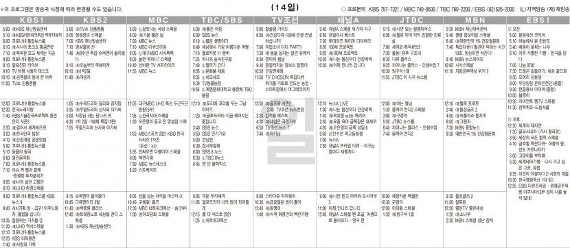 11월14일(일) TV 편성표