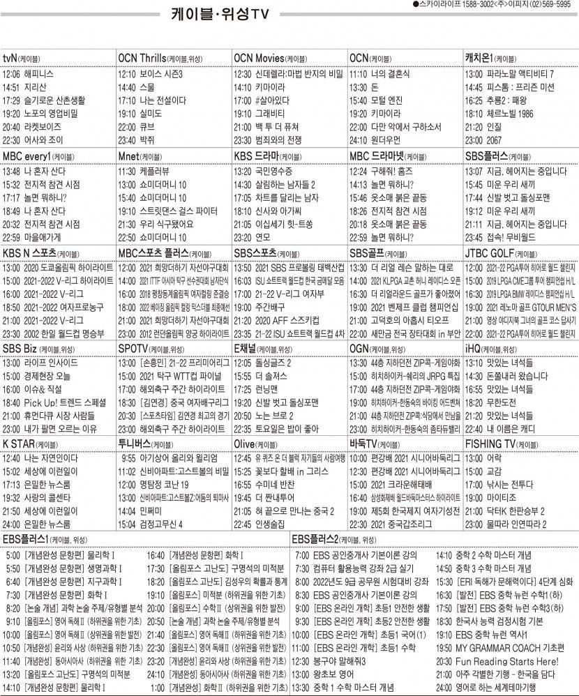 12월6일(월) 케이블·위성TV 편성표