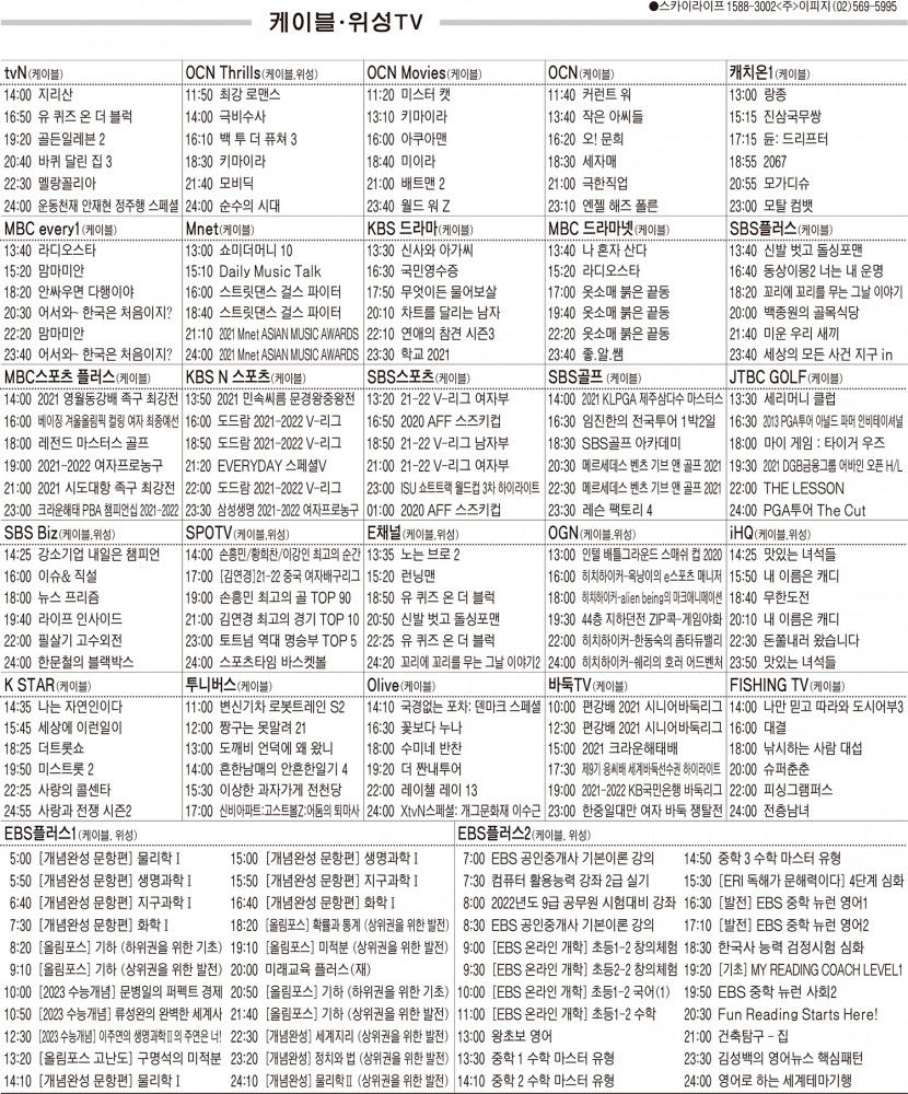 12월16일(목) 케이블·위성TV 편성표