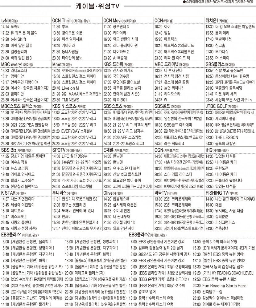 12월23일(목) 케이블·위성TV 편성표