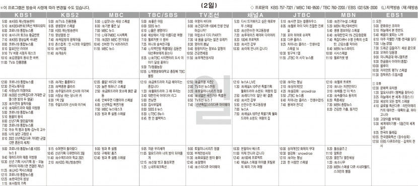 1월2일(일) TV 편성표