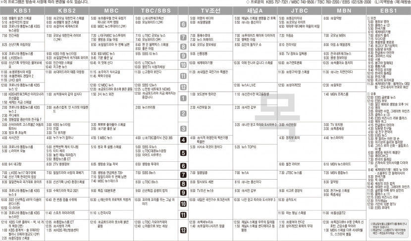 1월6일(목) TV 편성표