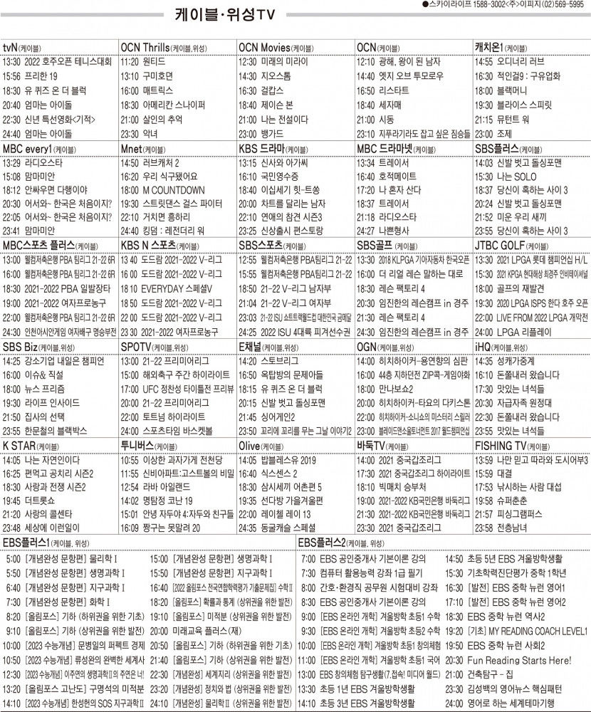 1월20일(목) 케이블·위성TV 편성표