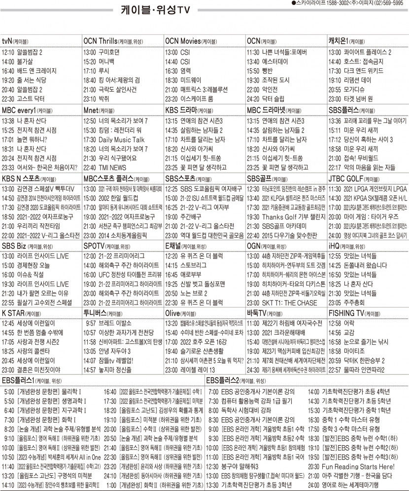 1월24일(월) 케이블·위성TV 편성표