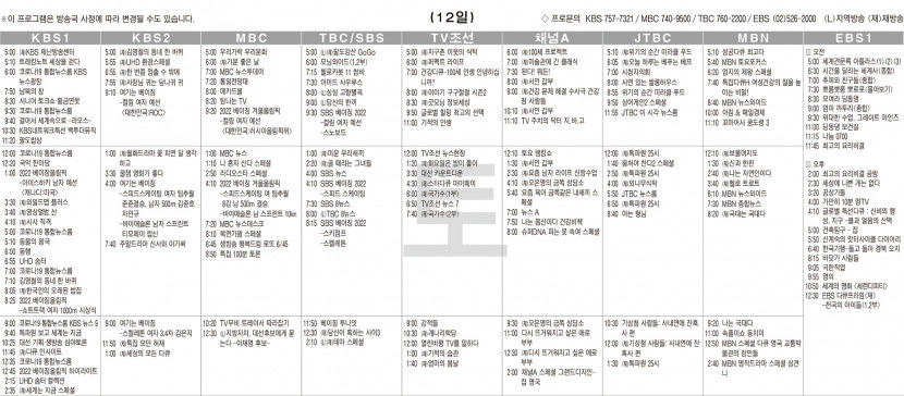 2월12일(토) TV 편성표