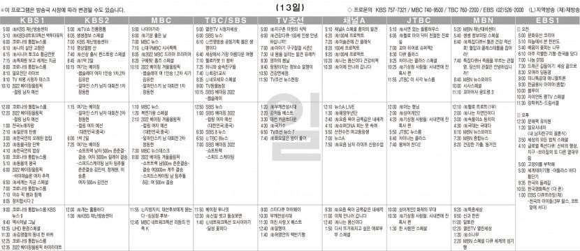 2월13일(일) TV 편성표