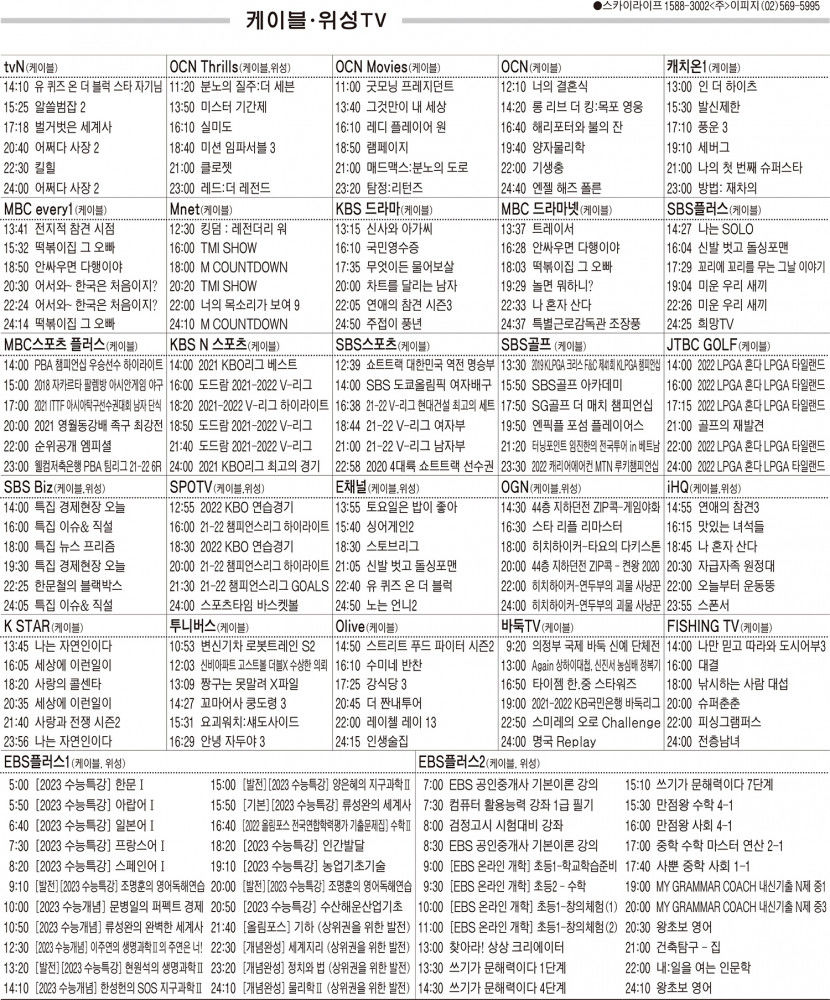 3월10일(목) 케이블·위성TV 편성표