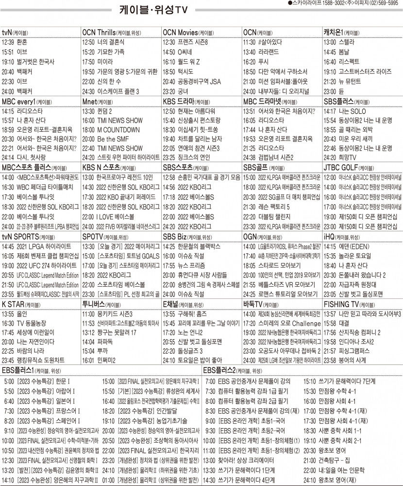 7월14일(목) 케이블·위성TV 편성표