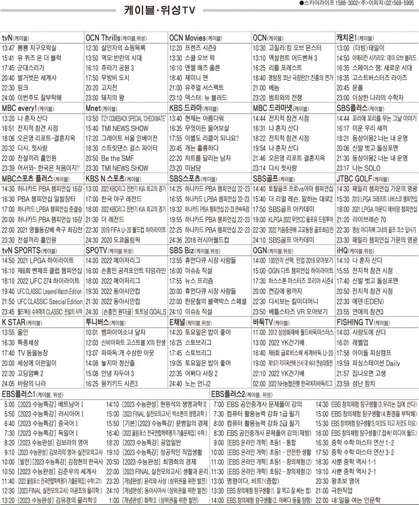 7월19일(화) 케이블·위성TV 편성표