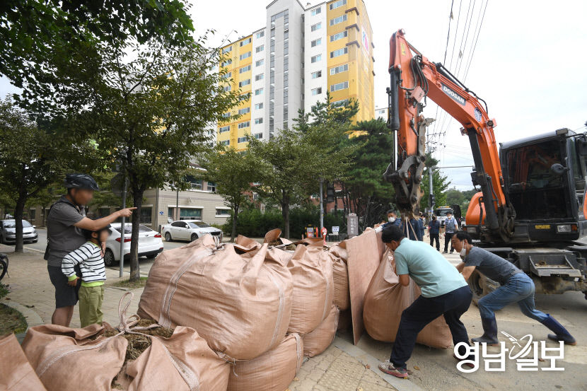 [포토뉴스] 집을 지켜라 태풍 난마돌 대비 아파트 입구에 모래주머니 설치