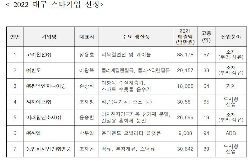 대구시, 2022년 스타기업 7개사, Pre-스타기업 13개사 선정