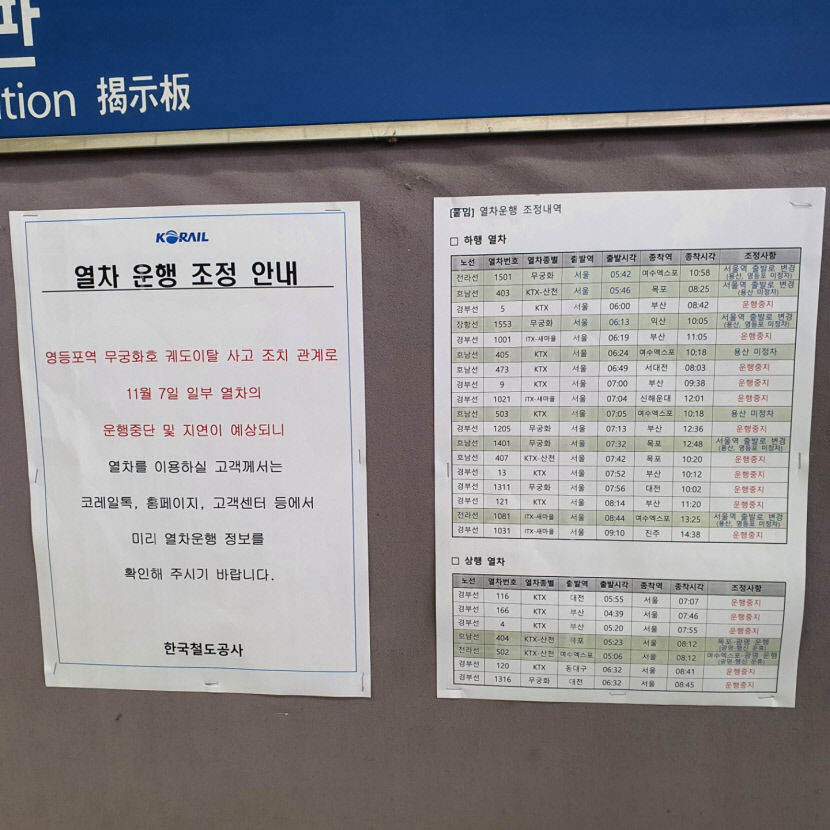 [속보] 영등포역 인근서 무궁화호 탈선 여파…KTX 등 열차 운행 장애