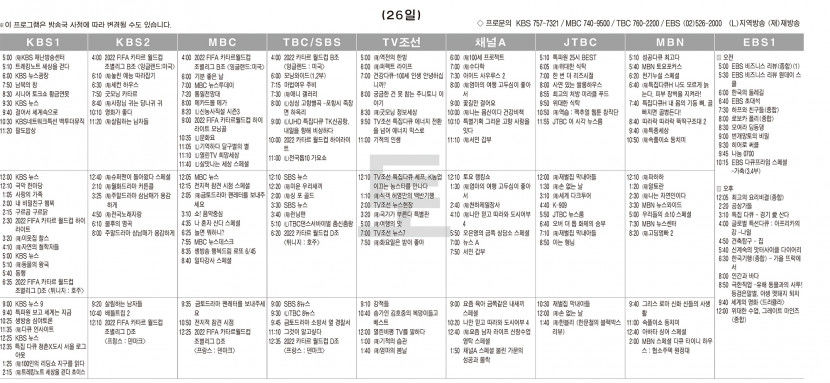 11월26일(토) TV 편성표