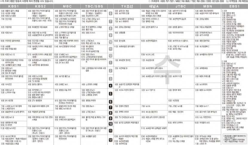 11월30일(수) TV 편성표